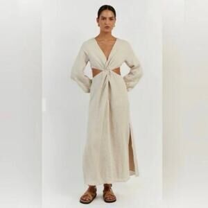 NWOT Dissh Tina Natural Linen Twist Midi Dress Beige Cutout Size 6